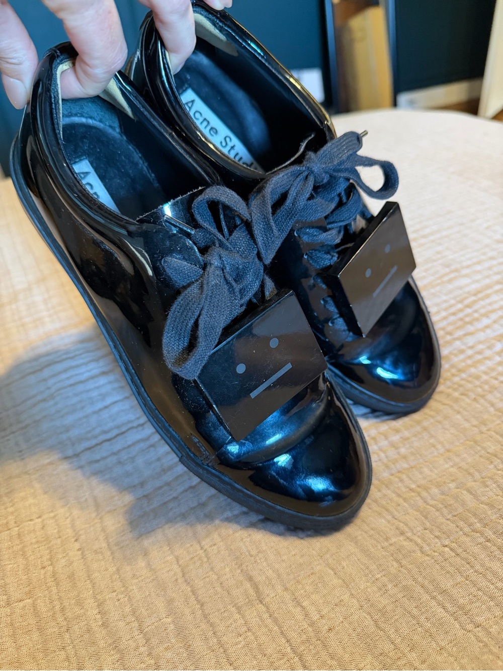 ACNE STUDIOS Black Patent Leather Sneakers, Sz 7.5 - Picture 8 of 11